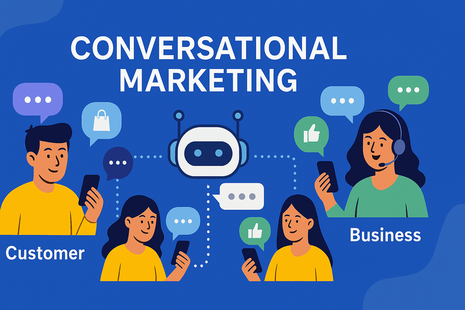 Conversational marketing overview illustration showing chatbots and customer messaging interfaces